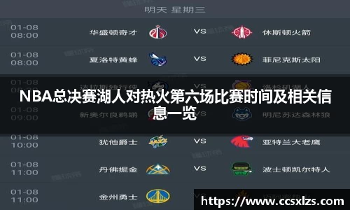 NBA总决赛湖人对热火第六场比赛时间及相关信息一览